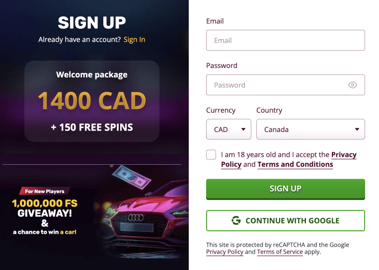 Registration at Playamo casino